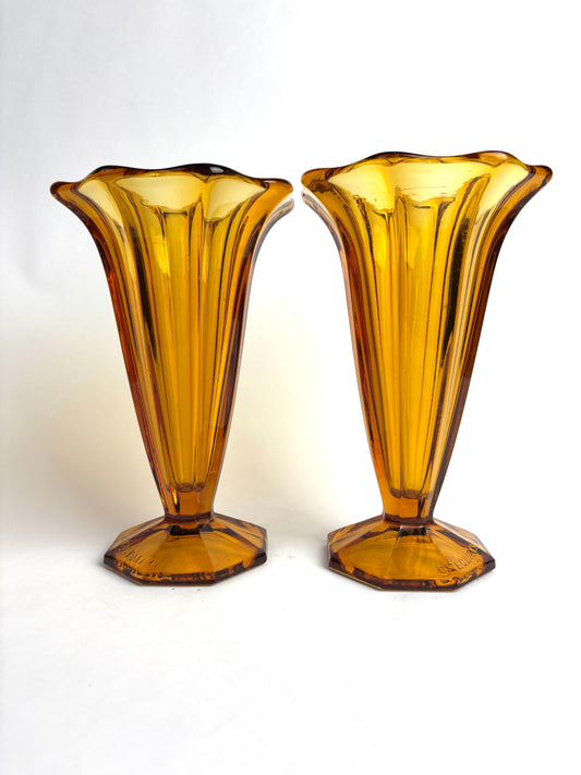 Pair of Czechoslovakian Art Deco Amber Glass Vases