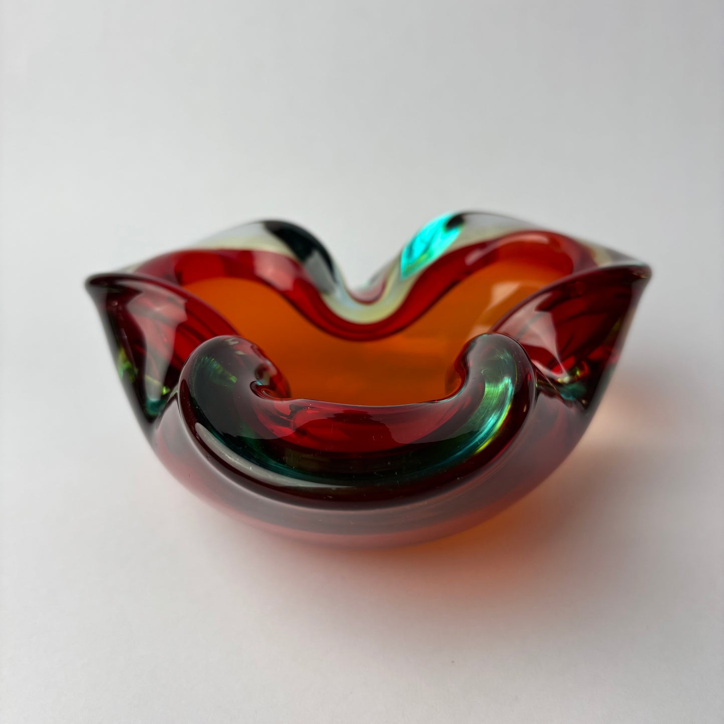 Mid-Century Art Glass Freeform Bowl – Ruby & Amber Sommerso Style