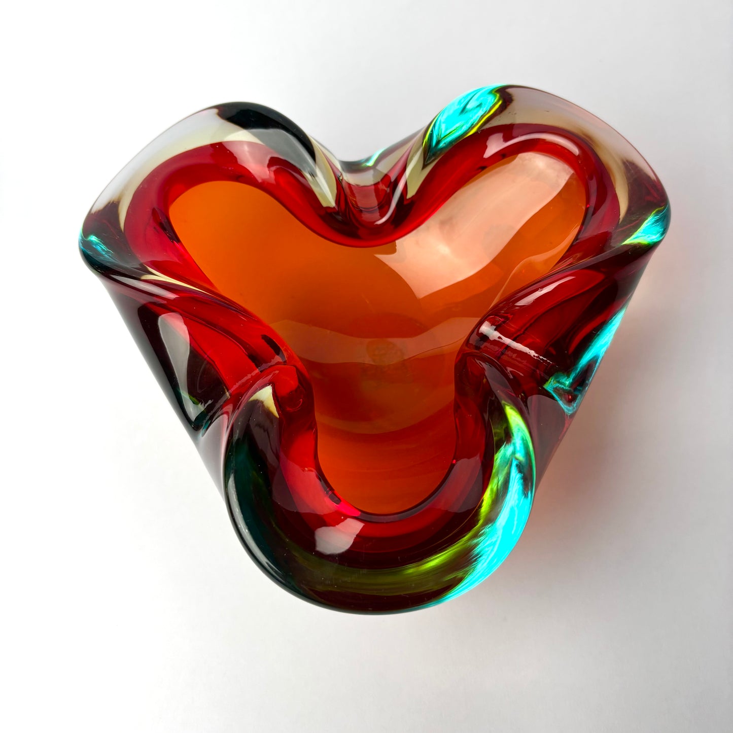 Mid-Century Art Glass Freeform Bowl – Ruby & Amber Sommerso Style
