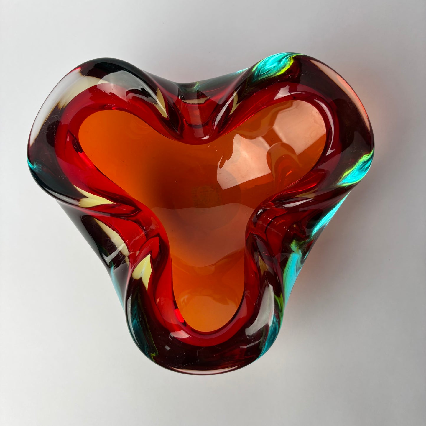 Mid-Century Art Glass Freeform Bowl – Ruby & Amber Sommerso Style