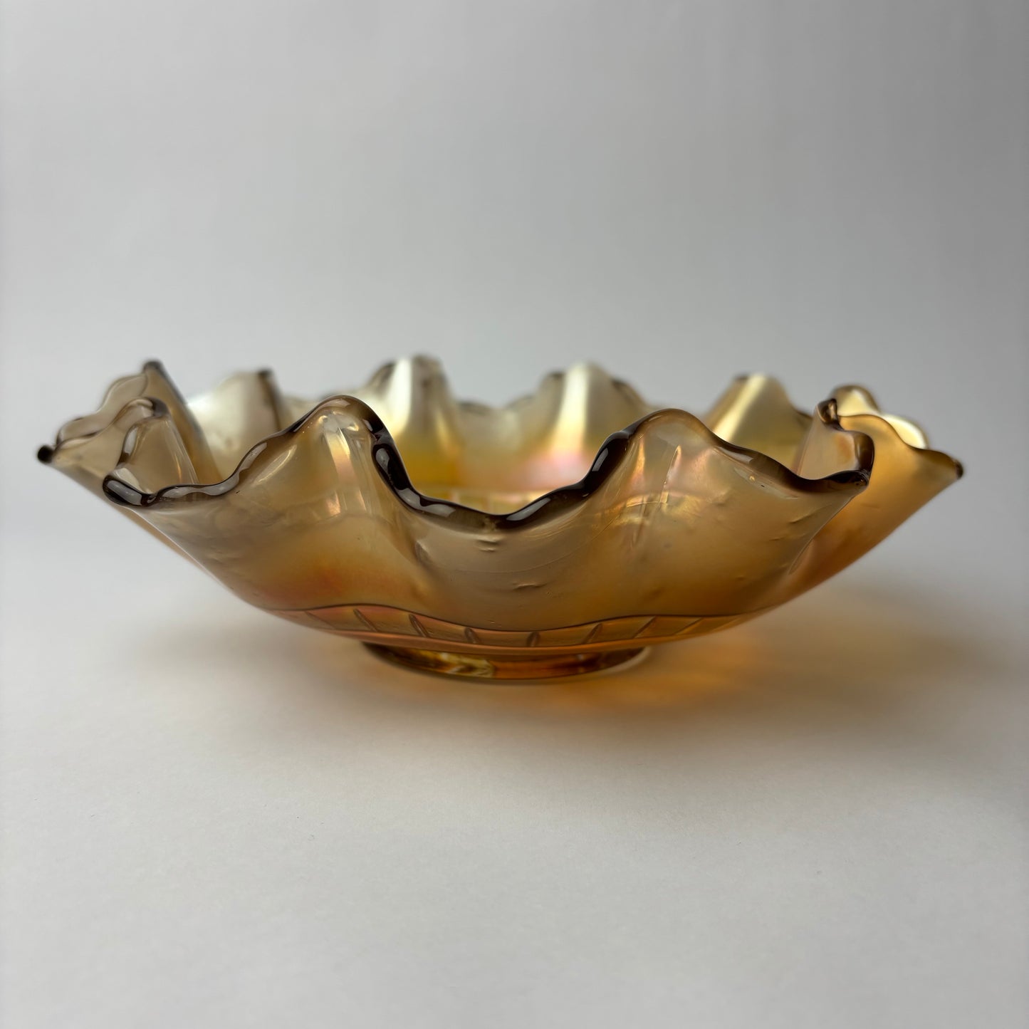 Vintage Marigold Carnival Glass Ruffled Bowl – Floral Pattern