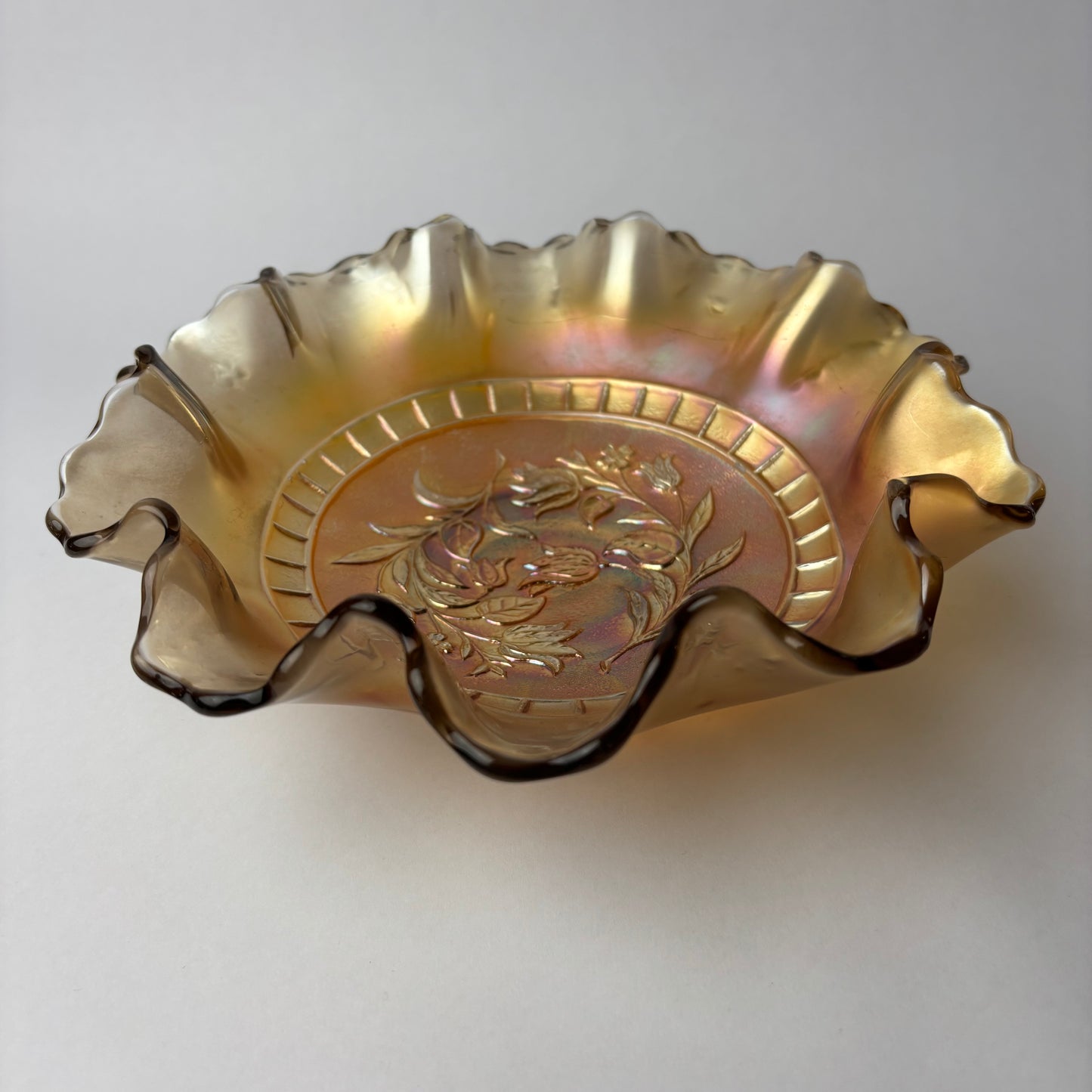 Vintage Marigold Carnival Glass Ruffled Bowl – Floral Pattern