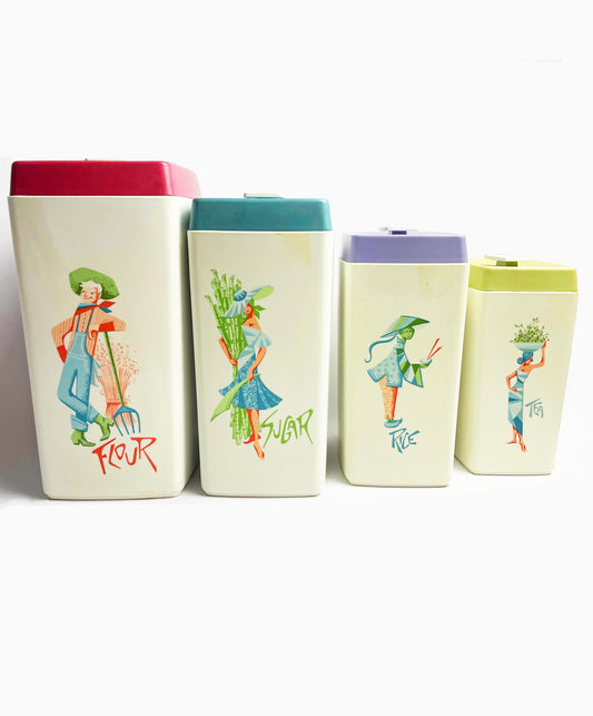 Retro kitchen canister set (Tallest 26cm, some typical wear)