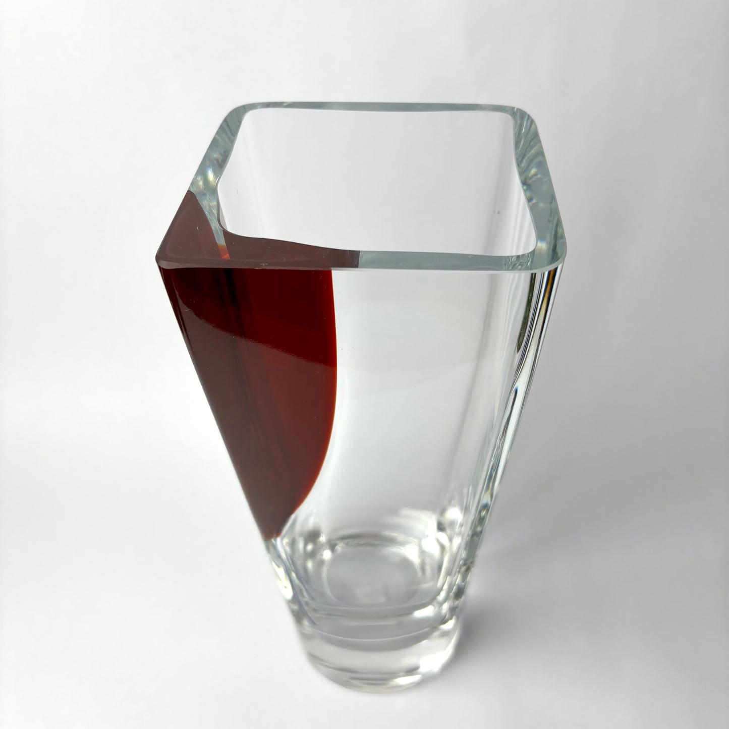 Modern Studio Art Glass Vase — Sculptural Clear & Ox-Blood Design