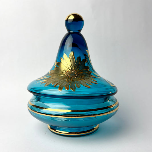 Vintage Turquoise Art Glass Bonbonnière with Gilt Floral Decoration – Mid Century Covered Dish