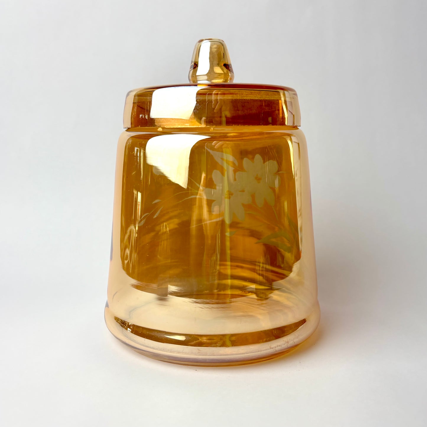 Marigold Glass Lidded Canister / Cookie Jar with Etched Floral Design (Unmarked)