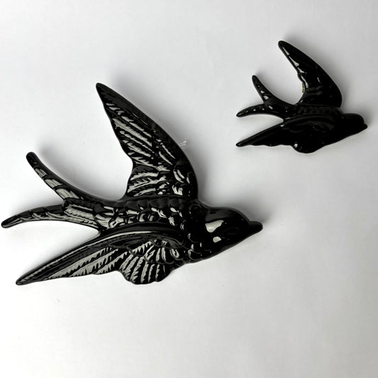 Vintage Mid-Century Black Ceramic Flying Swallows – Wall Plaques (Pair)