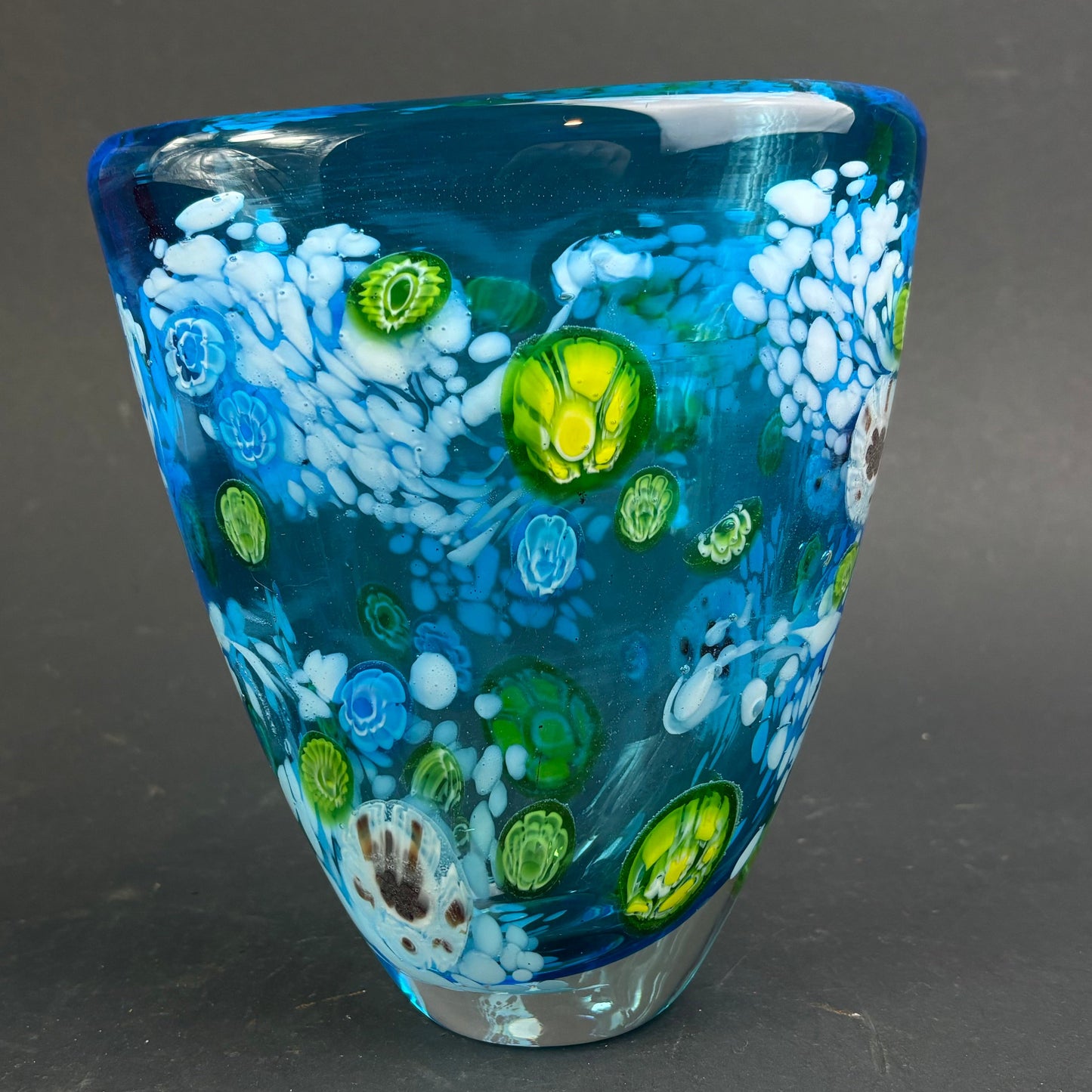 Murano Millefiori Art Glass Vase – Ocean Blue Canes & Aventurine