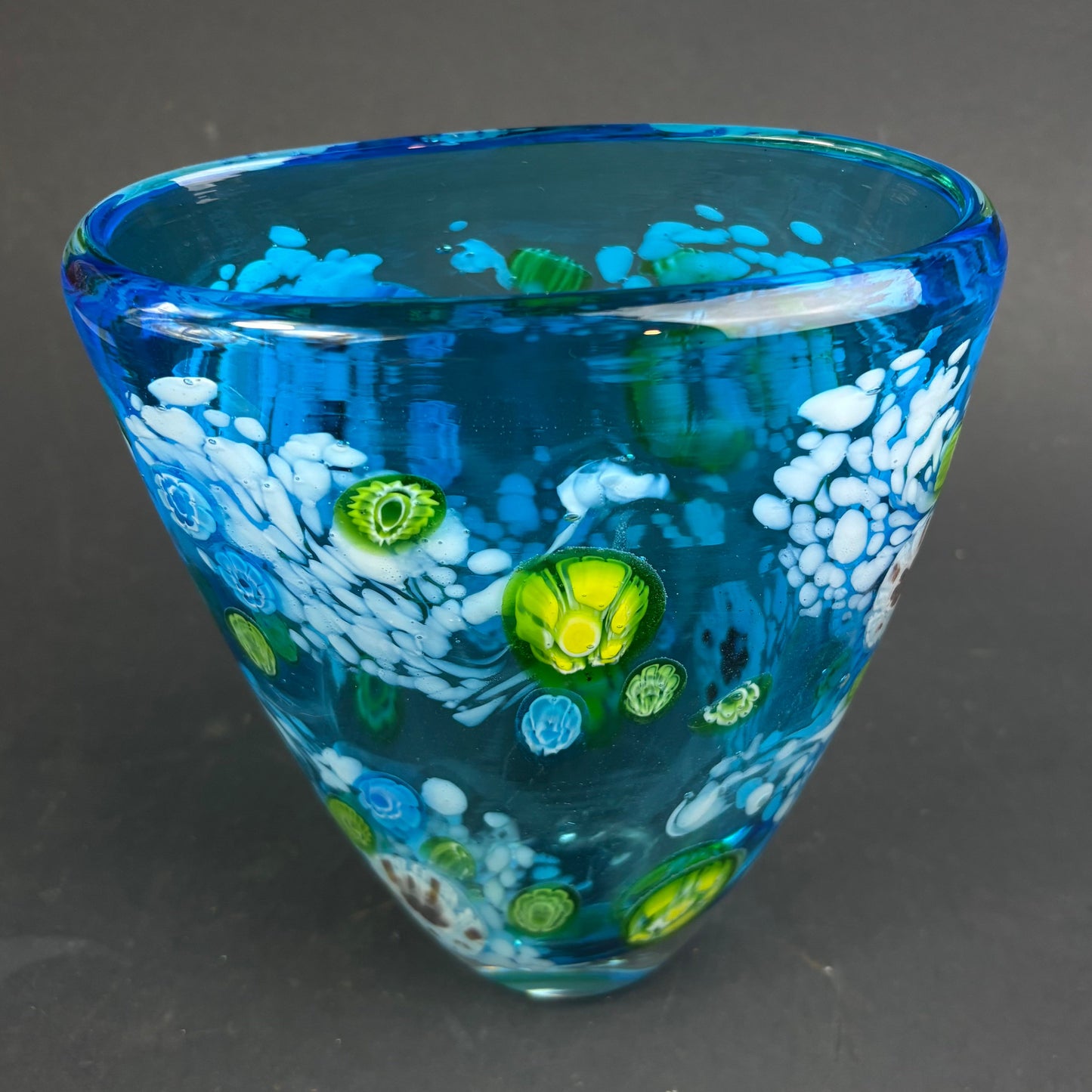 Murano Millefiori Art Glass Vase – Ocean Blue Canes & Aventurine