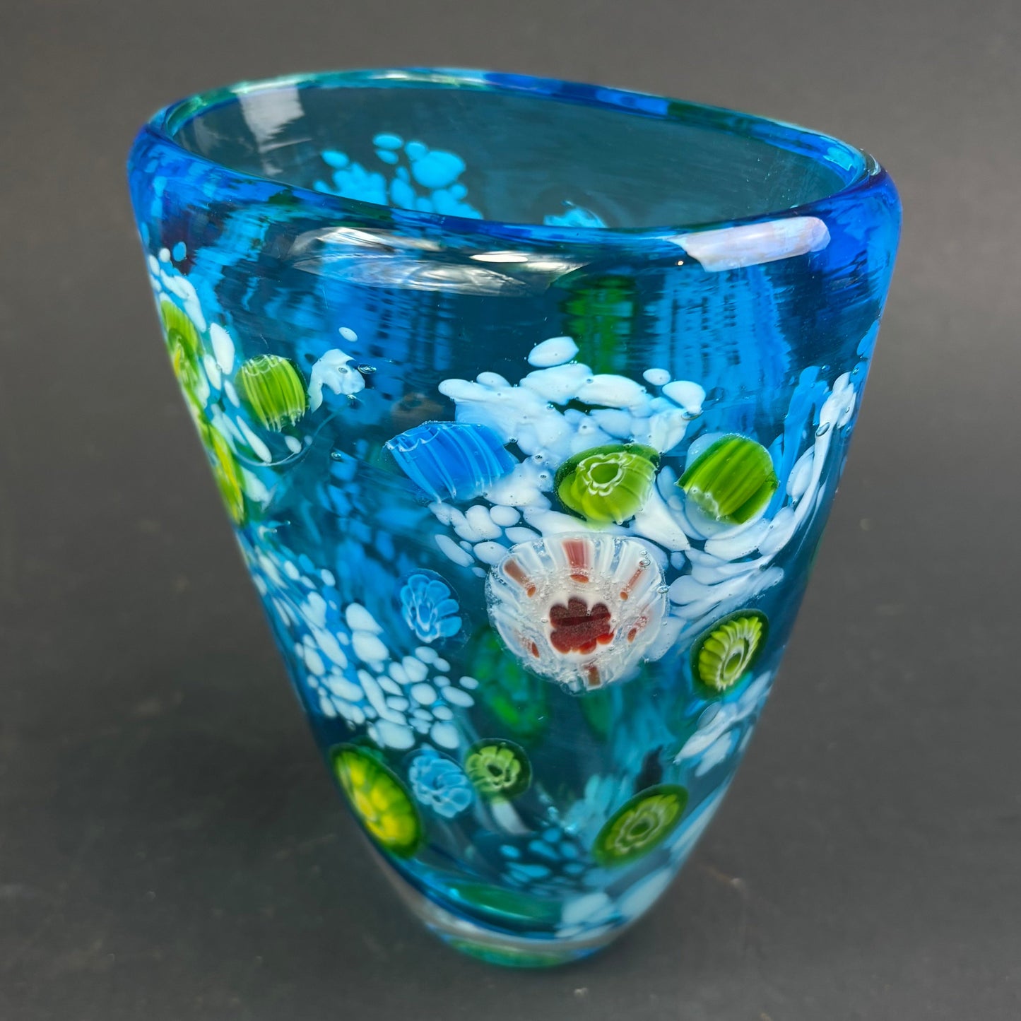 Murano Millefiori Art Glass Vase – Ocean Blue Canes & Aventurine