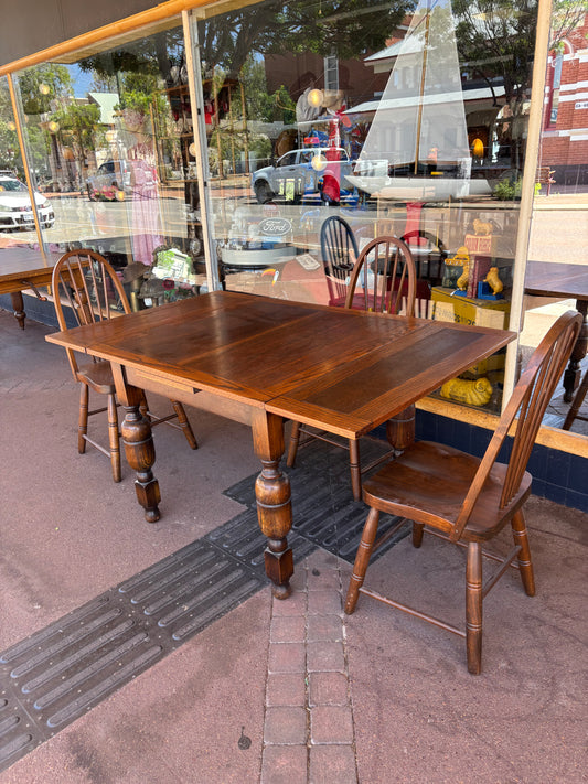 Square oak extension dining table and chairs