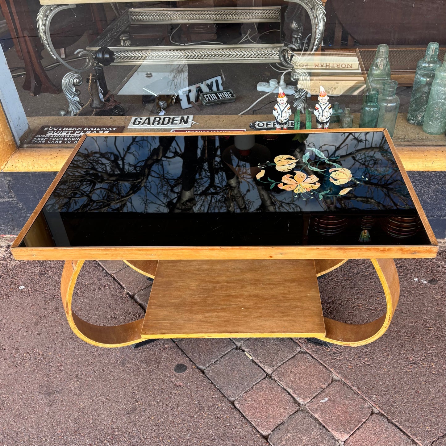 Mid-Century Bentwood Coffee Table with Hand-Painted Black Glass Top