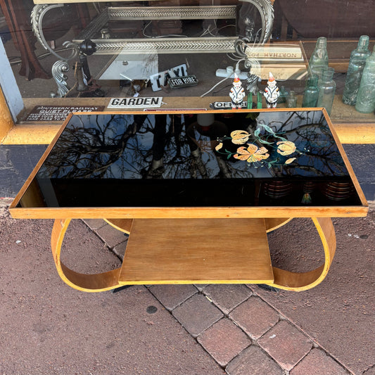Mid-Century Bentwood Coffee Table with Hand-Painted Black Glass Top