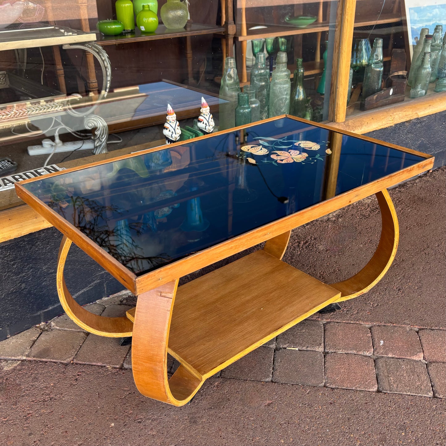 Mid-Century Bentwood Coffee Table with Hand-Painted Black Glass Top