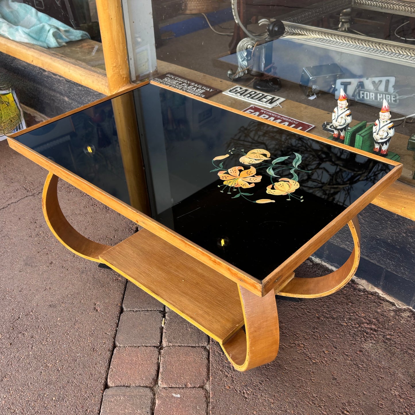 Mid-Century Bentwood Coffee Table with Hand-Painted Black Glass Top
