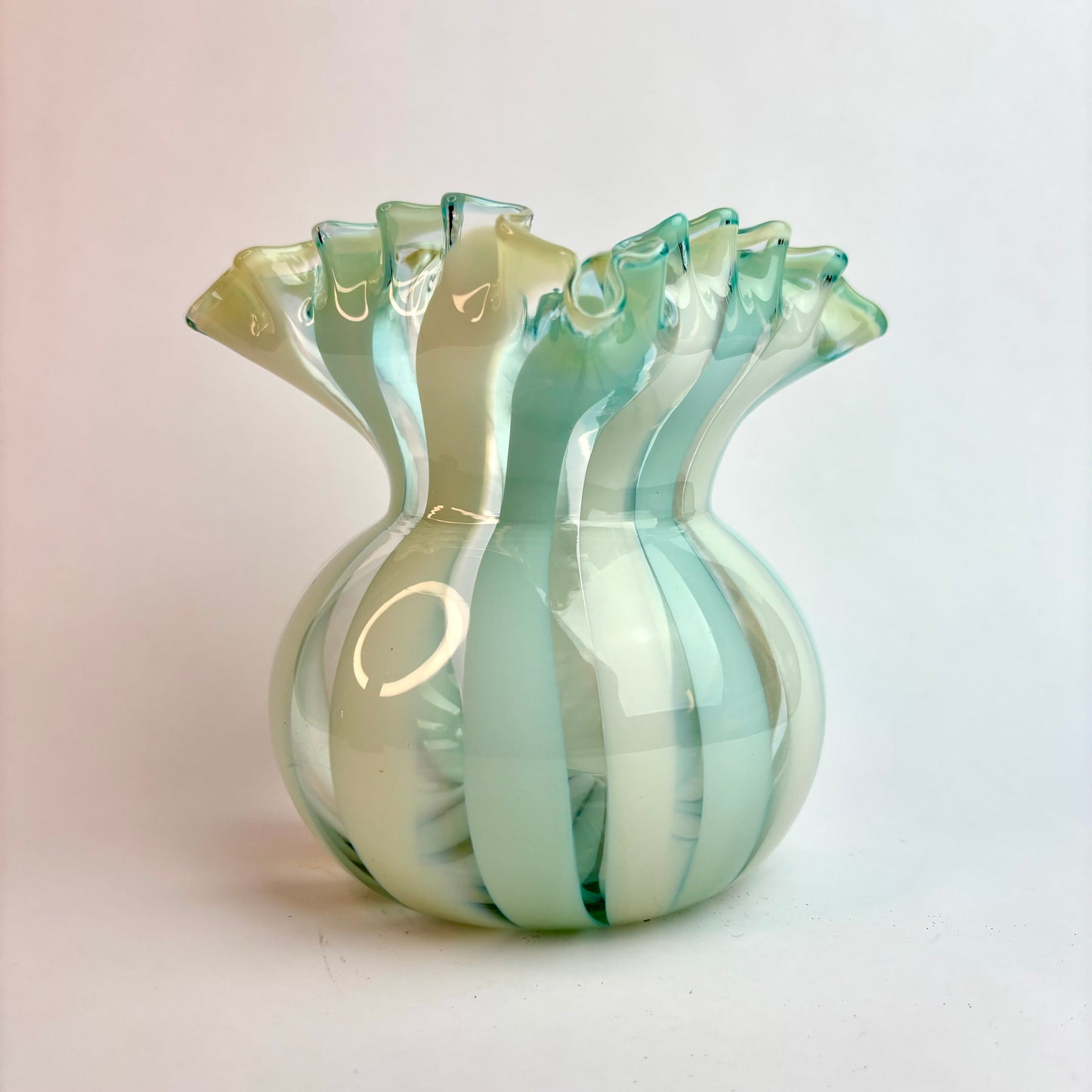 Vintage Murano Glass Vase – Opalescent Aqua & White Spiral, Uranium Glass Glow, Ruffled Rim