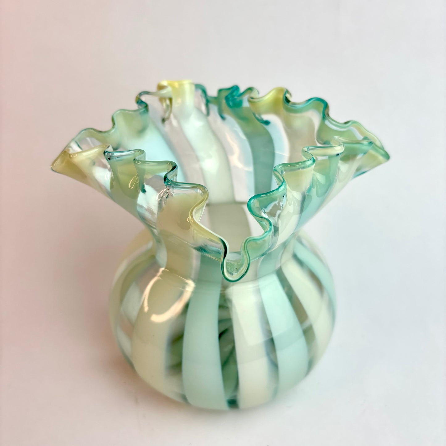 Vintage Murano Glass Vase – Opalescent Aqua & White Spiral, Uranium Glass Glow, Ruffled Rim