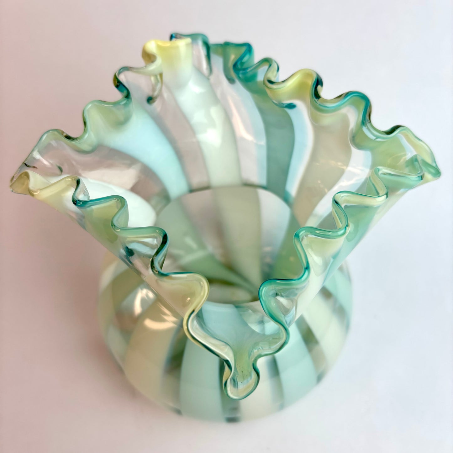 Vintage Murano Glass Vase – Opalescent Aqua & White Spiral, Uranium Glass Glow, Ruffled Rim