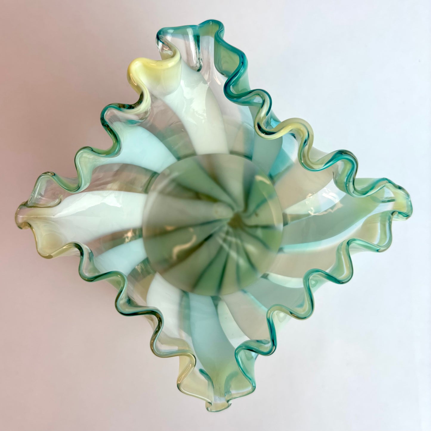 Vintage Murano Glass Vase – Opalescent Aqua & White Spiral, Uranium Glass Glow, Ruffled Rim