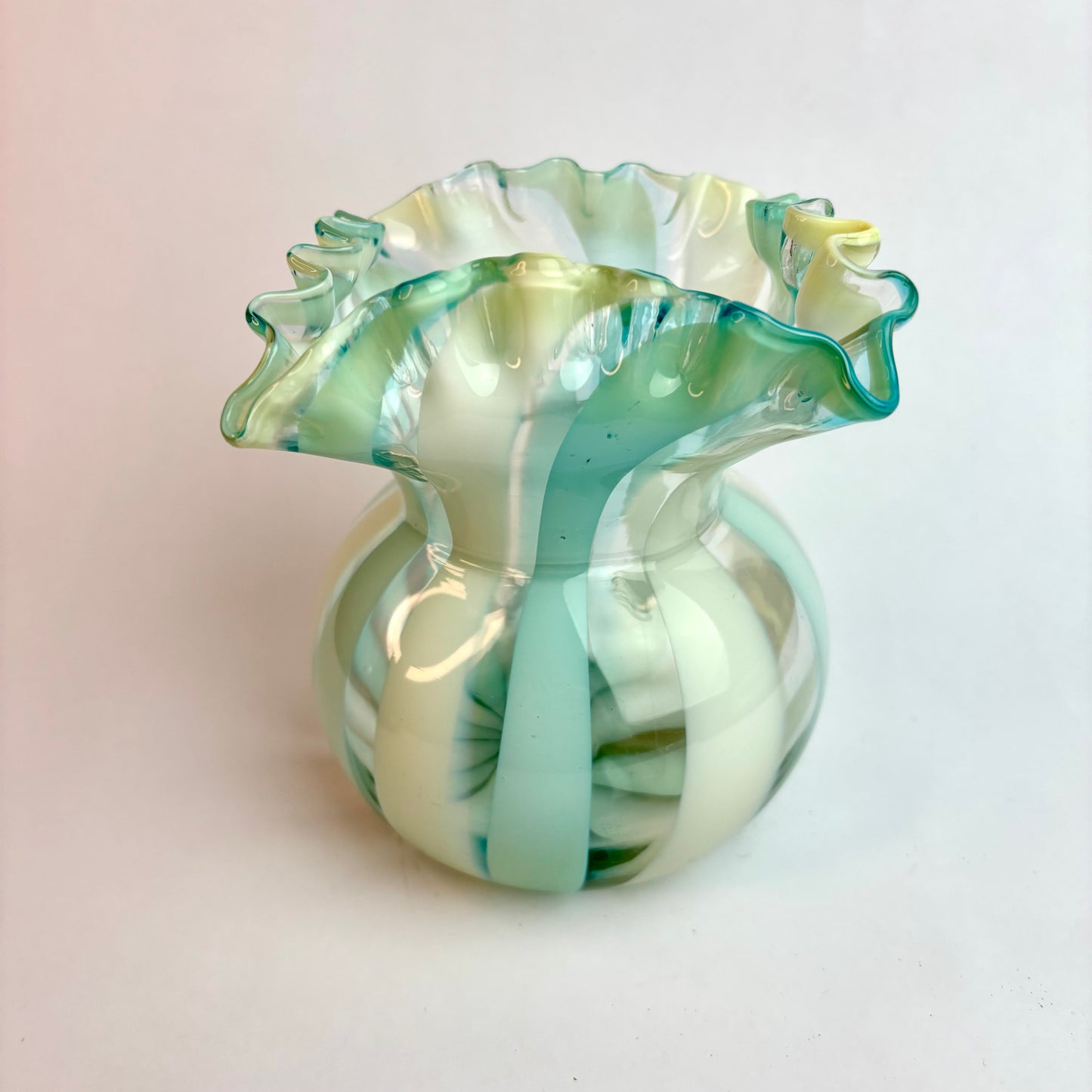 Vintage Murano Glass Vase – Opalescent Aqua & White Spiral, Uranium Glass Glow, Ruffled Rim