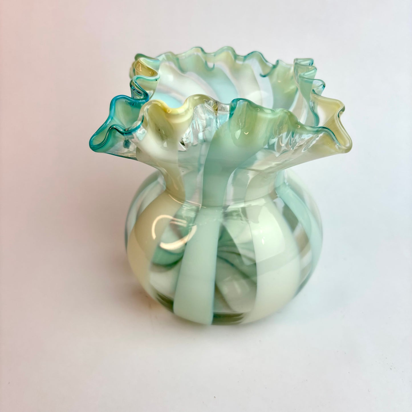 Vintage Murano Glass Vase – Opalescent Aqua & White Spiral, Uranium Glass Glow, Ruffled Rim
