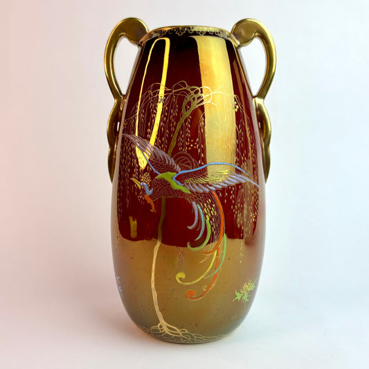 Carlton Ware Twin-Handled Lustre Vase – Exotic Bird & Willow Design, England c.1920s–30s