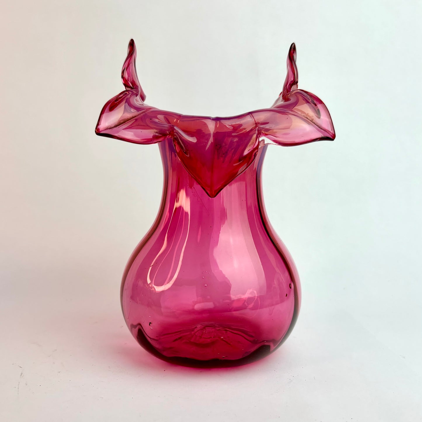 Antique Victorian Cranberry Glass Vase – Applied Ruffled Rim, Hand-Blown England c.1880