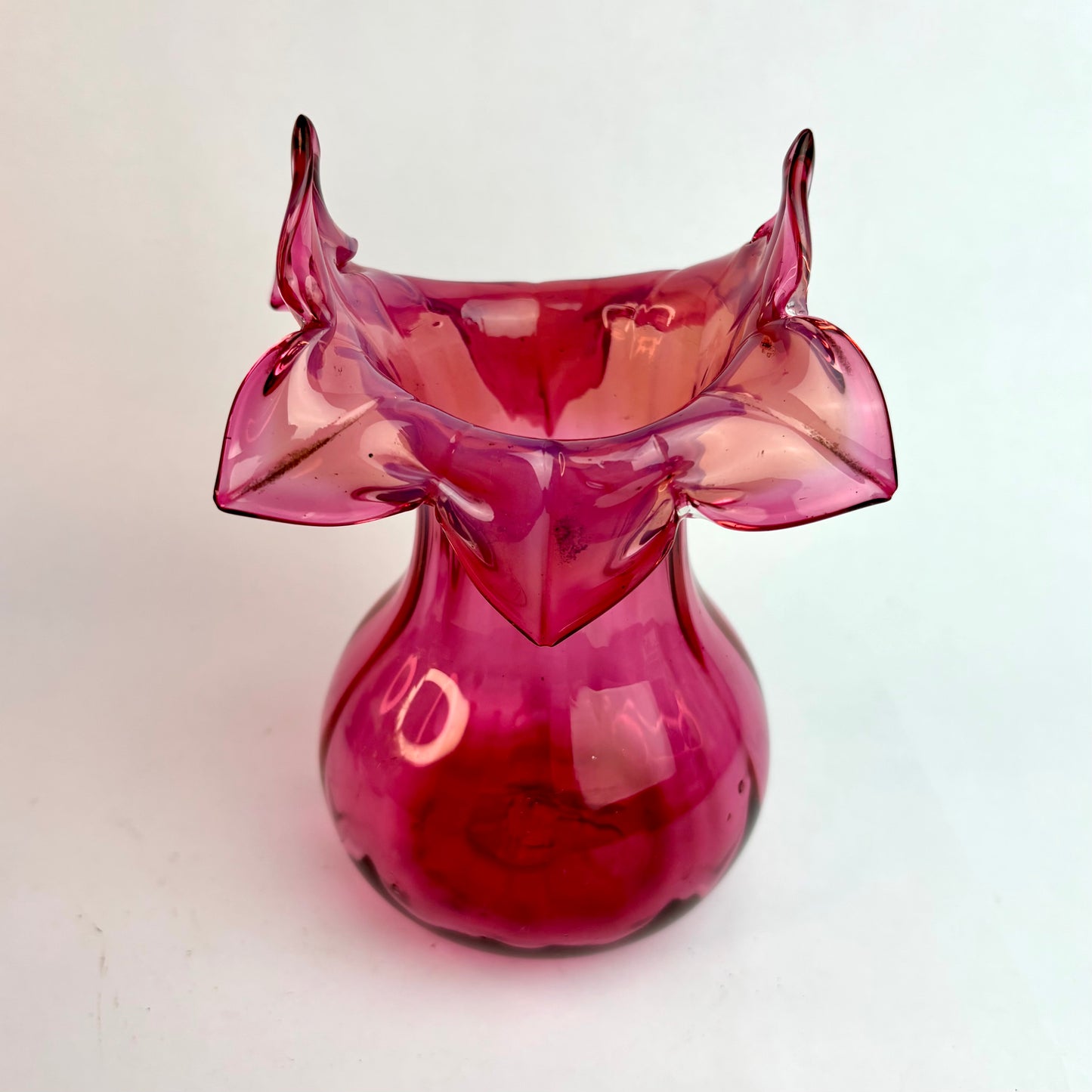Antique Victorian Cranberry Glass Vase – Applied Ruffled Rim, Hand-Blown England c.1880