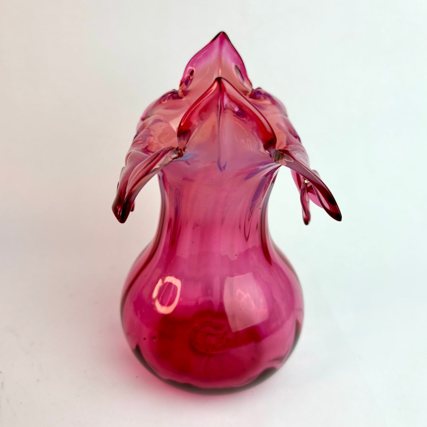 Antique Victorian Cranberry Glass Vase – Applied Ruffled Rim, Hand-Blown England c.1880