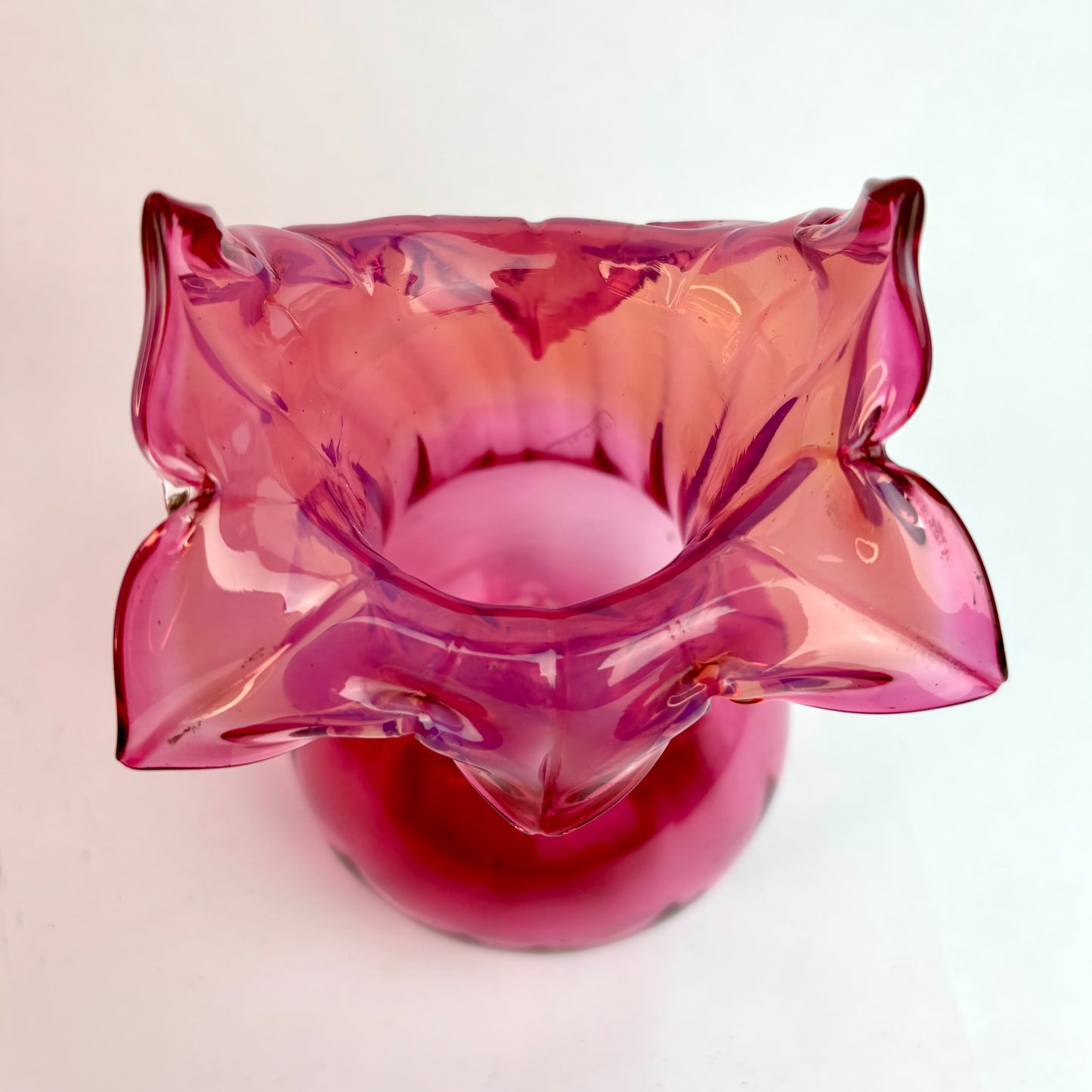 Antique Victorian Cranberry Glass Vase – Applied Ruffled Rim, Hand-Blown England c.1880