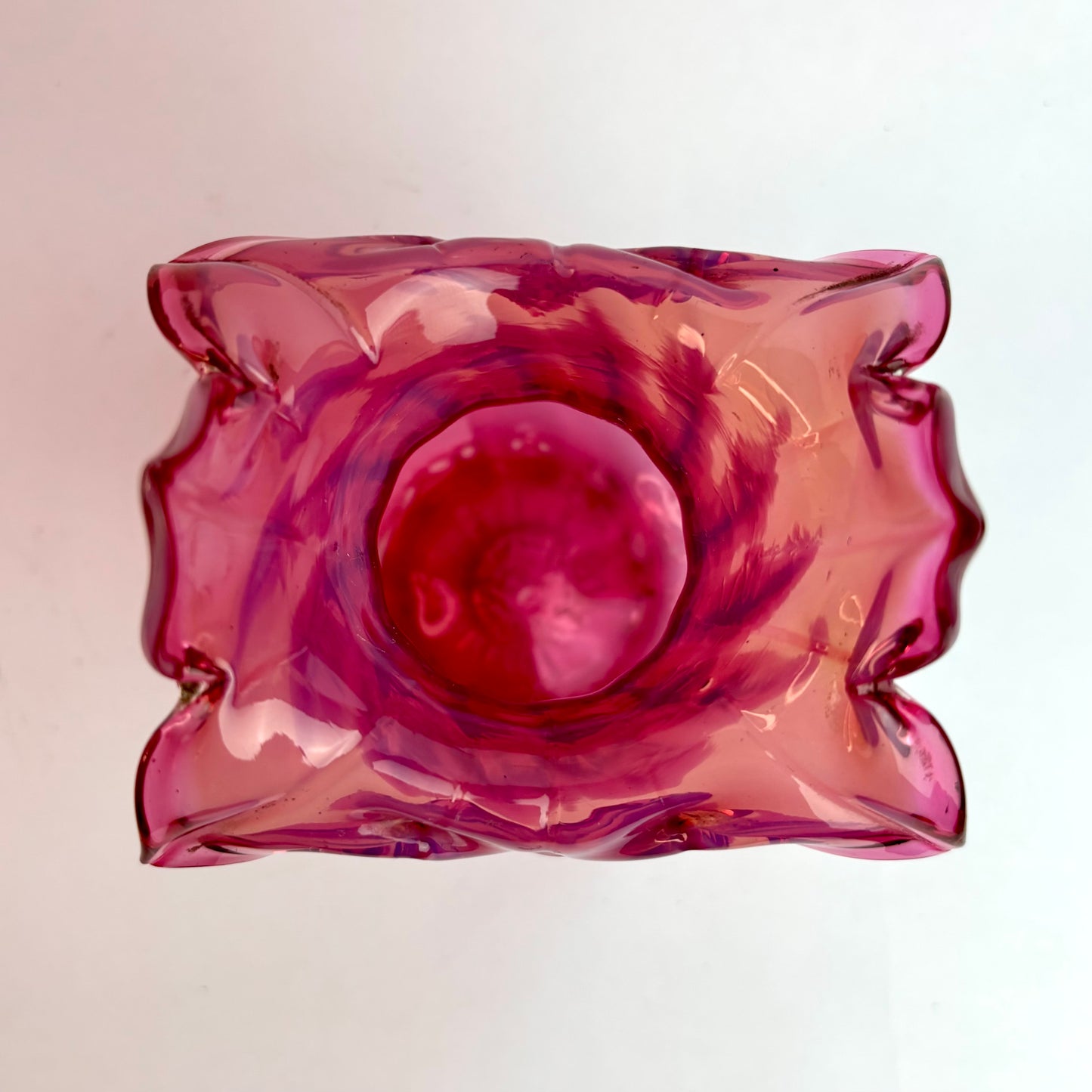 Antique Victorian Cranberry Glass Vase – Applied Ruffled Rim, Hand-Blown England c.1880