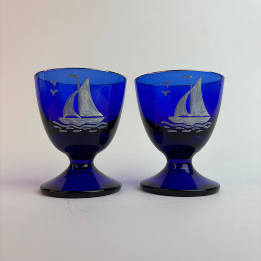 Pair Vintage Bristol Blue Glass Goblets with Hand-Painted Sailing Ships & Gilt Rims