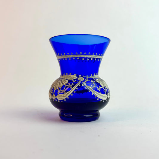 Vintage Bristol Blue Glass Vase with Hand-Painted White Floral Garland