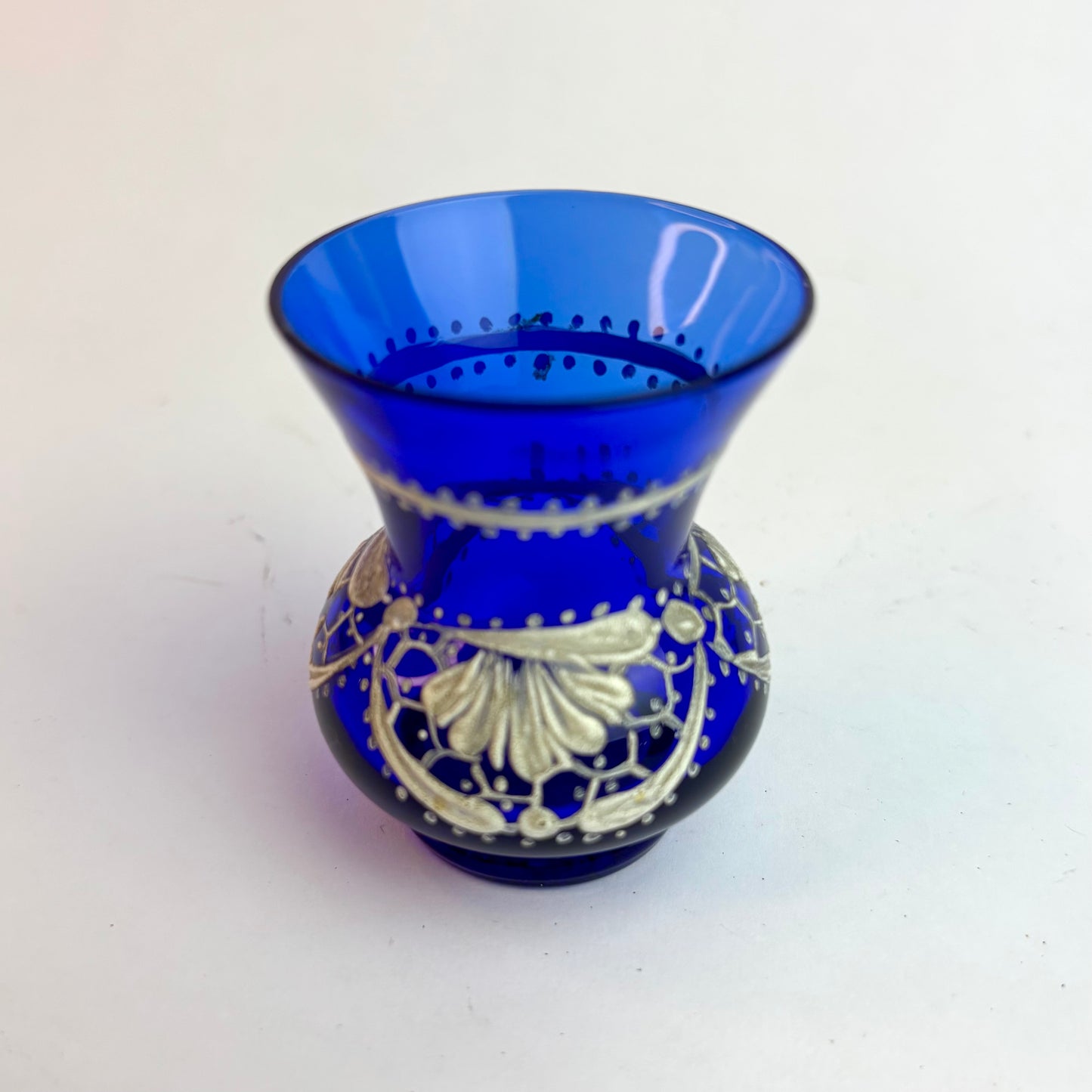 Vintage Bristol Blue Glass Vase with Hand-Painted White Floral Garland