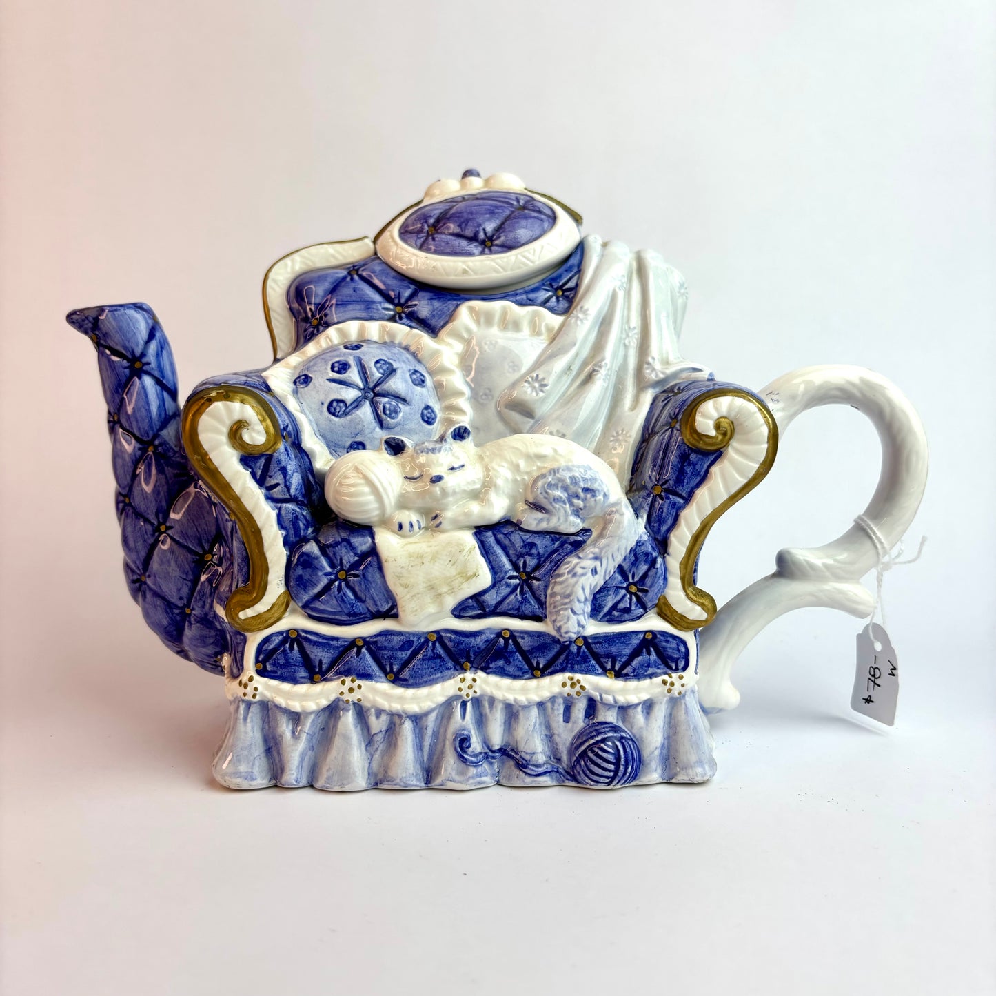 Vintage Novelty Teapot in the Form of a Blue Upholstered Armchair with Sleeping Cat