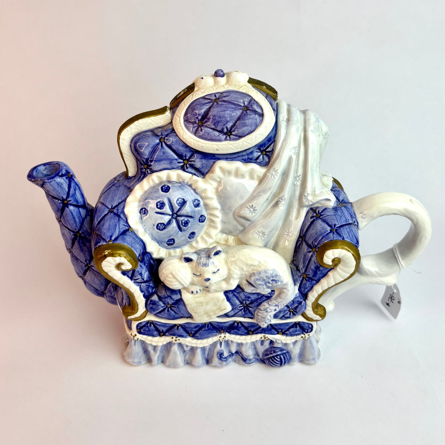 Vintage Novelty Teapot in the Form of a Blue Upholstered Armchair with Sleeping Cat
