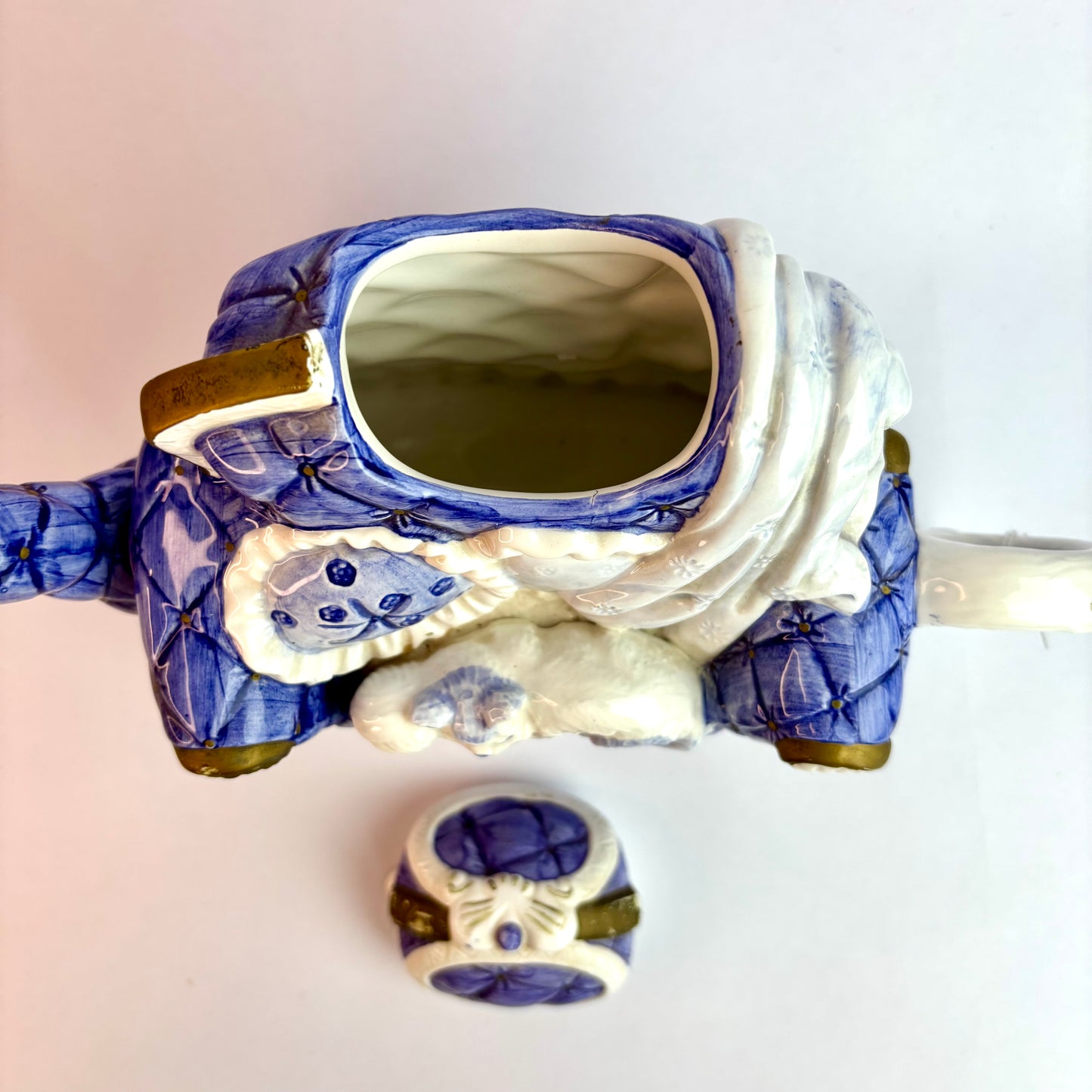 Vintage Novelty Teapot in the Form of a Blue Upholstered Armchair with Sleeping Cat