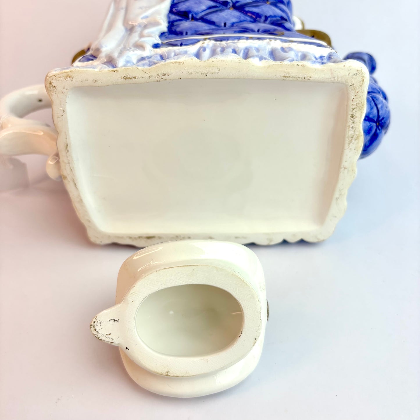 Vintage Novelty Teapot in the Form of a Blue Upholstered Armchair with Sleeping Cat