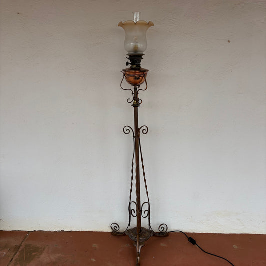 Antique Electrified Copper Oil Lamp Standard Floor Lamp with Original Glass Shade