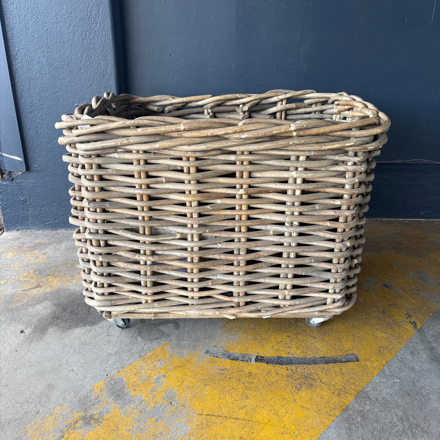 Large French Farmhouse Rattan Basket on Castors