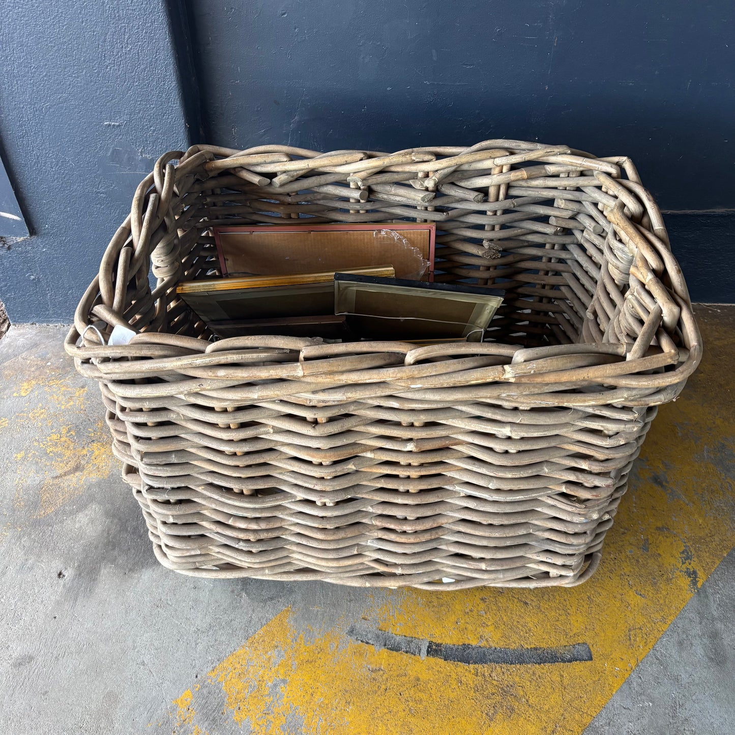 Large French Farmhouse Rattan Basket on Castors