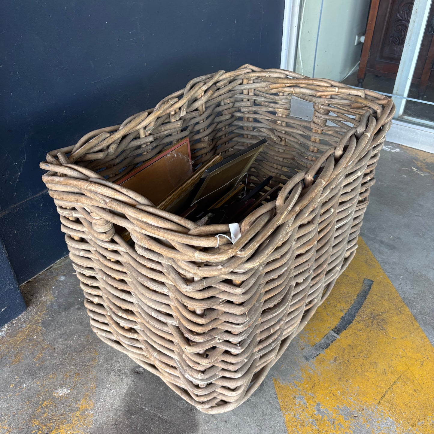 Large French Farmhouse Rattan Basket on Castors