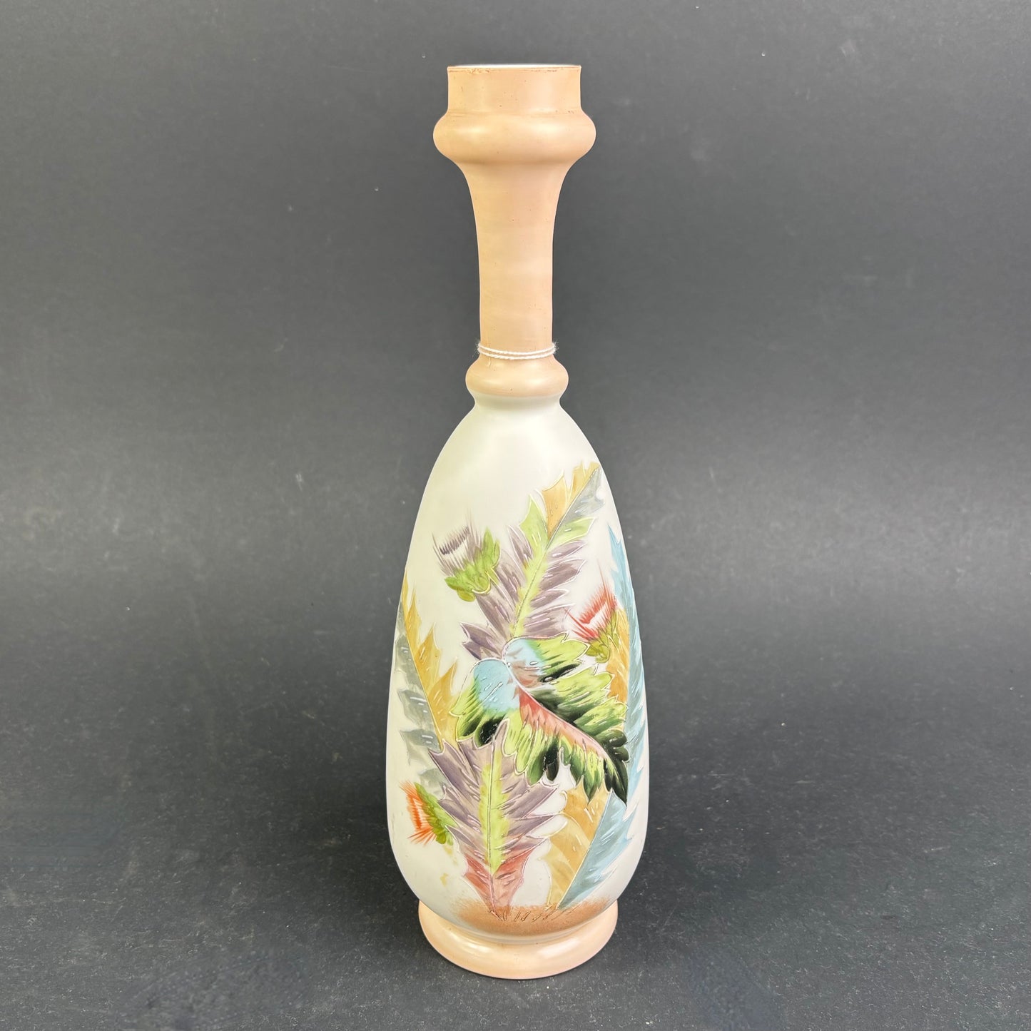 Victorian Satin Cased Art Glass Vase with Hand-Enamelled Feather Decoration c.1890