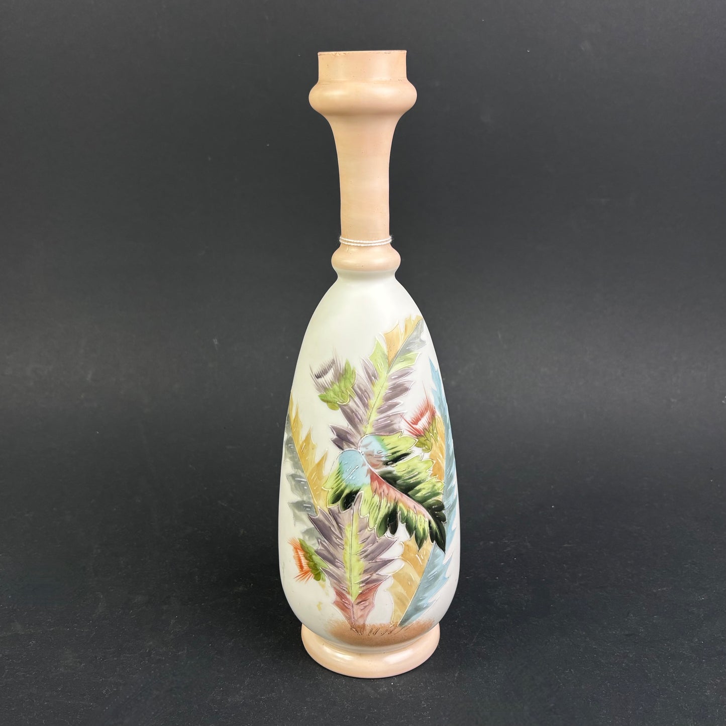 Victorian Satin Cased Art Glass Vase with Hand-Enamelled Feather Decoration c.1890