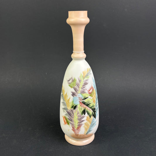 Victorian Satin Cased Art Glass Vase with Hand-Enamelled Feather Decoration c.1890
