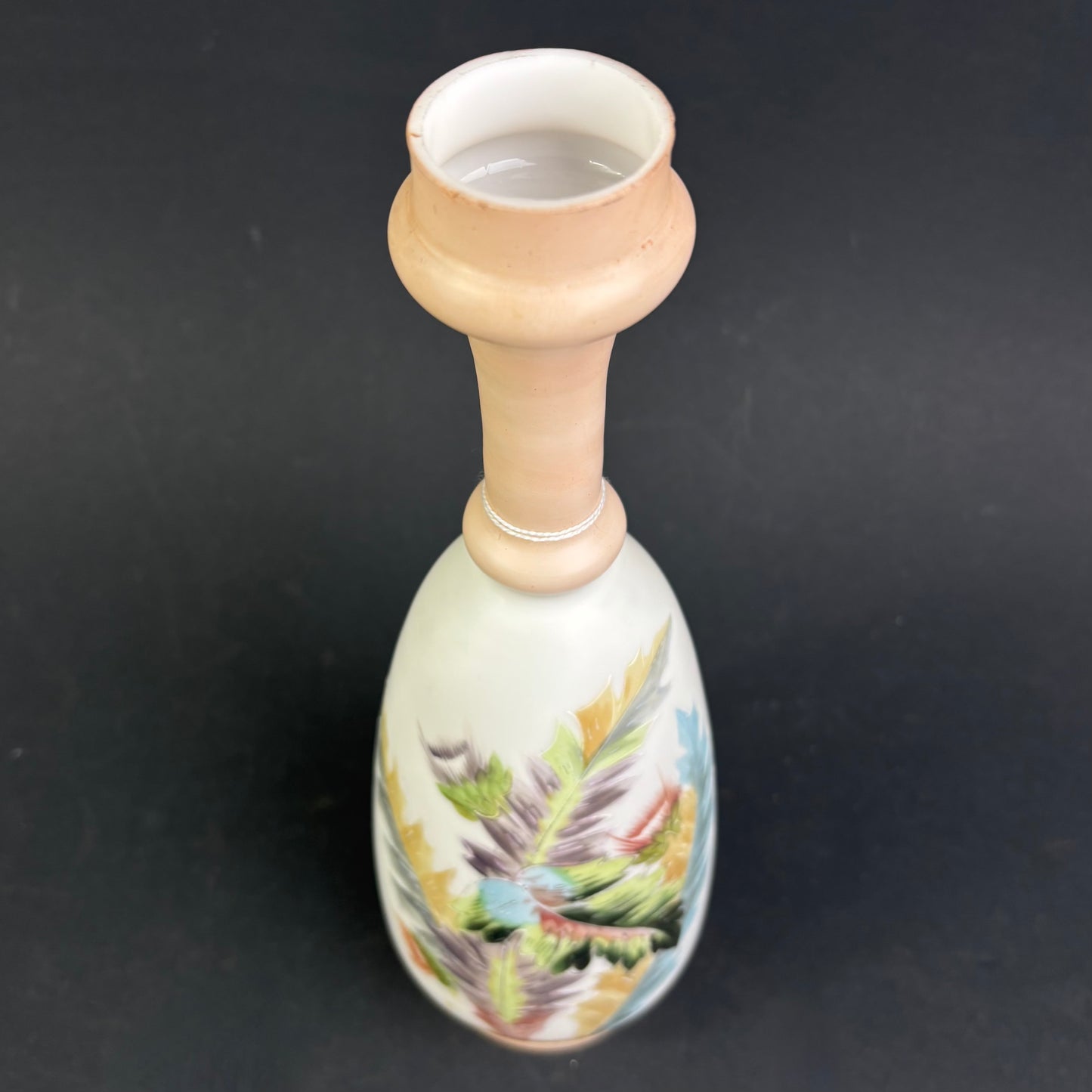 Victorian Satin Cased Art Glass Vase with Hand-Enamelled Feather Decoration c.1890