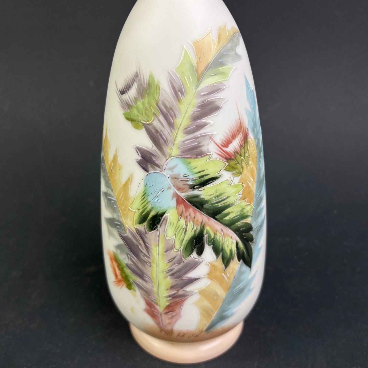 Victorian Satin Cased Art Glass Vase with Hand-Enamelled Feather Decoration c.1890