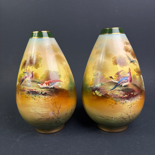 Pair of Victorian Hand Painted Porcelain Cabinet Vases with Game Bird Decoration c.1900