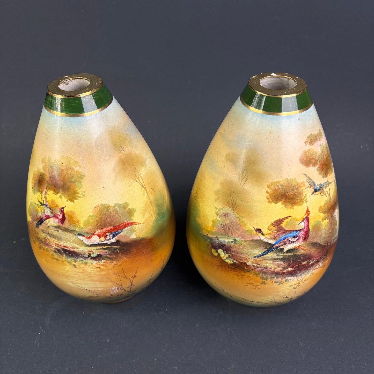 Pair of Victorian Hand Painted Porcelain Cabinet Vases with Game Bird Decoration c.1900