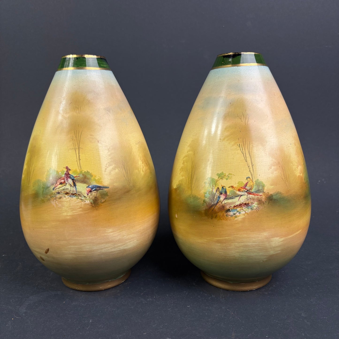 Pair of Victorian Hand Painted Porcelain Cabinet Vases with Game Bird Decoration c.1900